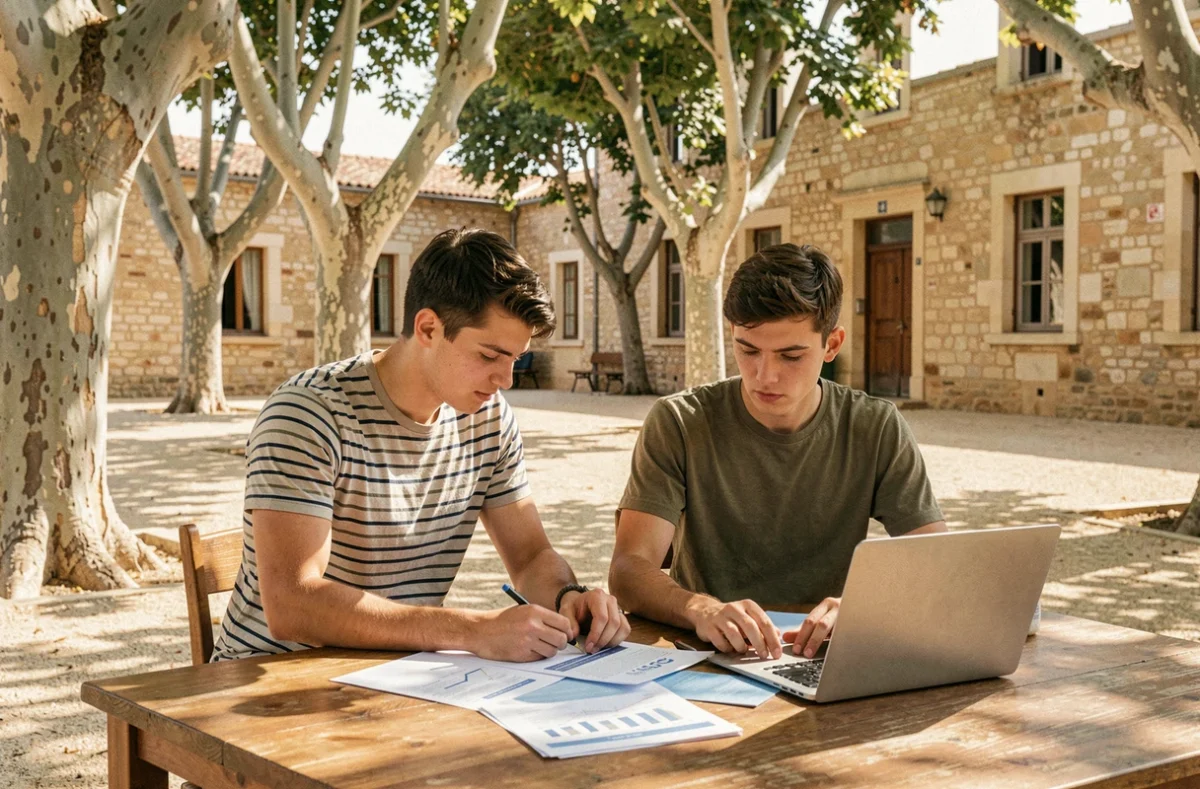 Deux étudiants de l'IAE Toulon collaborant sur des documents de gestion dans une cour universitaire provençale ombragée par des platanes