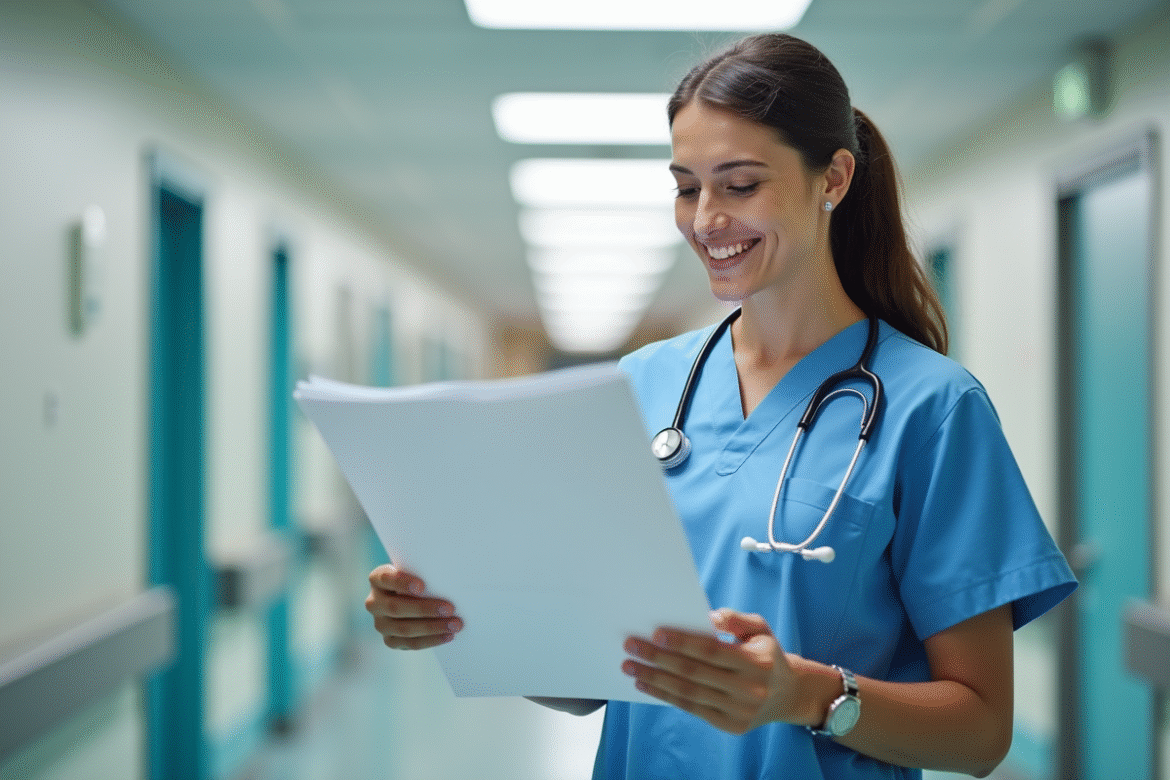 Infirmière hospitalière souriante dans un couloir lumineux