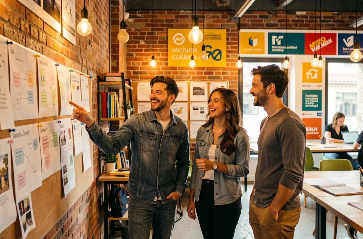 Groupe d'étudiants de l'IPAC Bachelor Factory campus PACA révisant des projets créatifs dans un espace de travail collaboratif et coloré