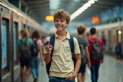 Jeune garçon riant avec sa carte d'étudiant dans une gare