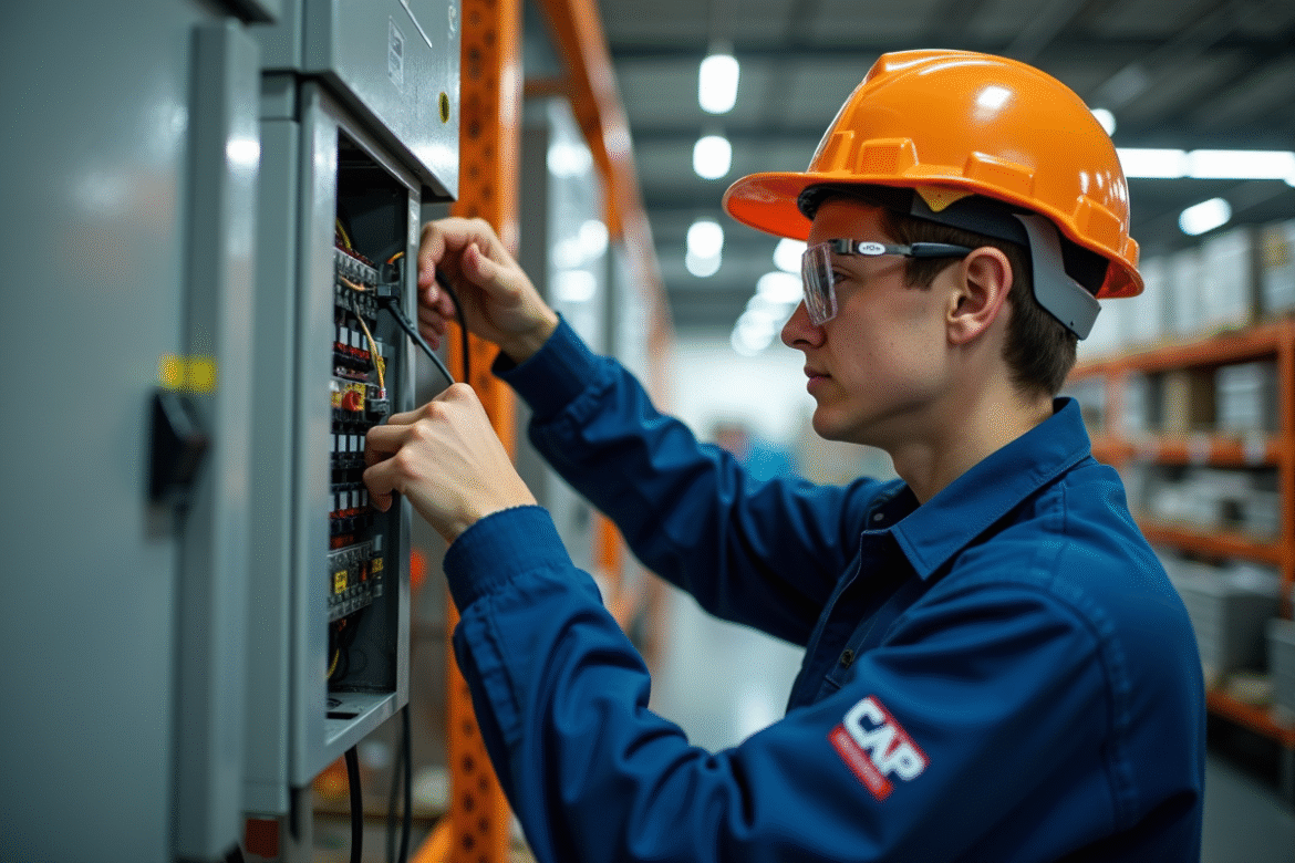 Jeune electricien en atelier lumineux travaillant sur un panneau électrique