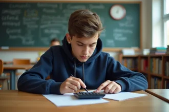 Jeune garçon en hoodie navy utilisant une calculatrice en classe