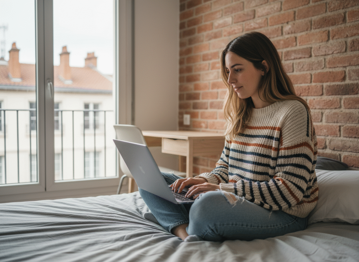 Jeune femme assise sur un lit dans un appartement lyonnais