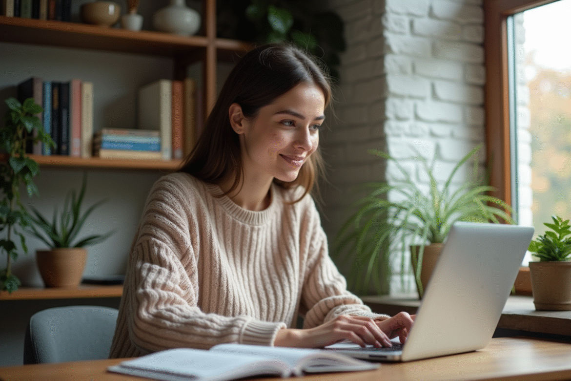 Jeune femme concentrée utilisant un ordinateur portable pour étudier l'anglais