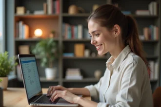 Jeune femme souriante utilisant un ordinateur pour apprendre en ligne