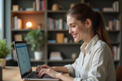 Jeune femme souriante utilisant un ordinateur pour apprendre en ligne