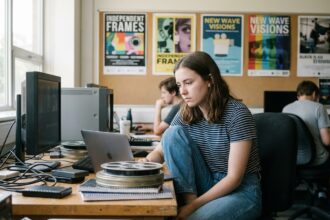 Jeune femme concentrée sur son ordinateur dans une salle de montage film
