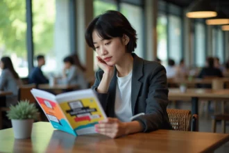 Jeune femme regardant une brochure design et innovation