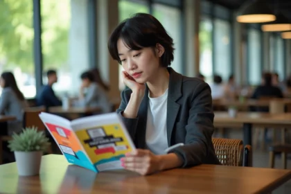 Jeune femme regardant une brochure design et innovation