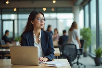 Jeune femme en coworking moderne travaillant sur son ordinateur