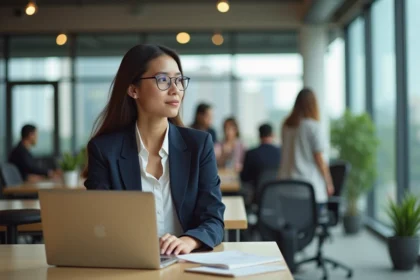 Jeune femme en coworking moderne travaillant sur son ordinateur