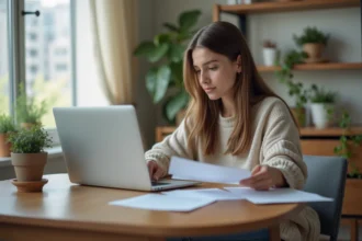 Jeune femme concentrée travaillant sur son ordinateur à domicile