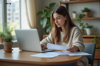 Jeune femme concentrée travaillant sur son ordinateur à domicile