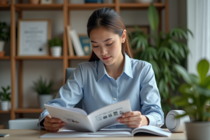 Jeune femme en bureau étudiant des brochures universitaires