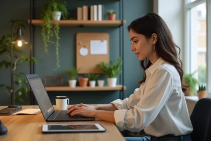 Jeune femme au bureau à domicile travaillant sur son ordinateur
