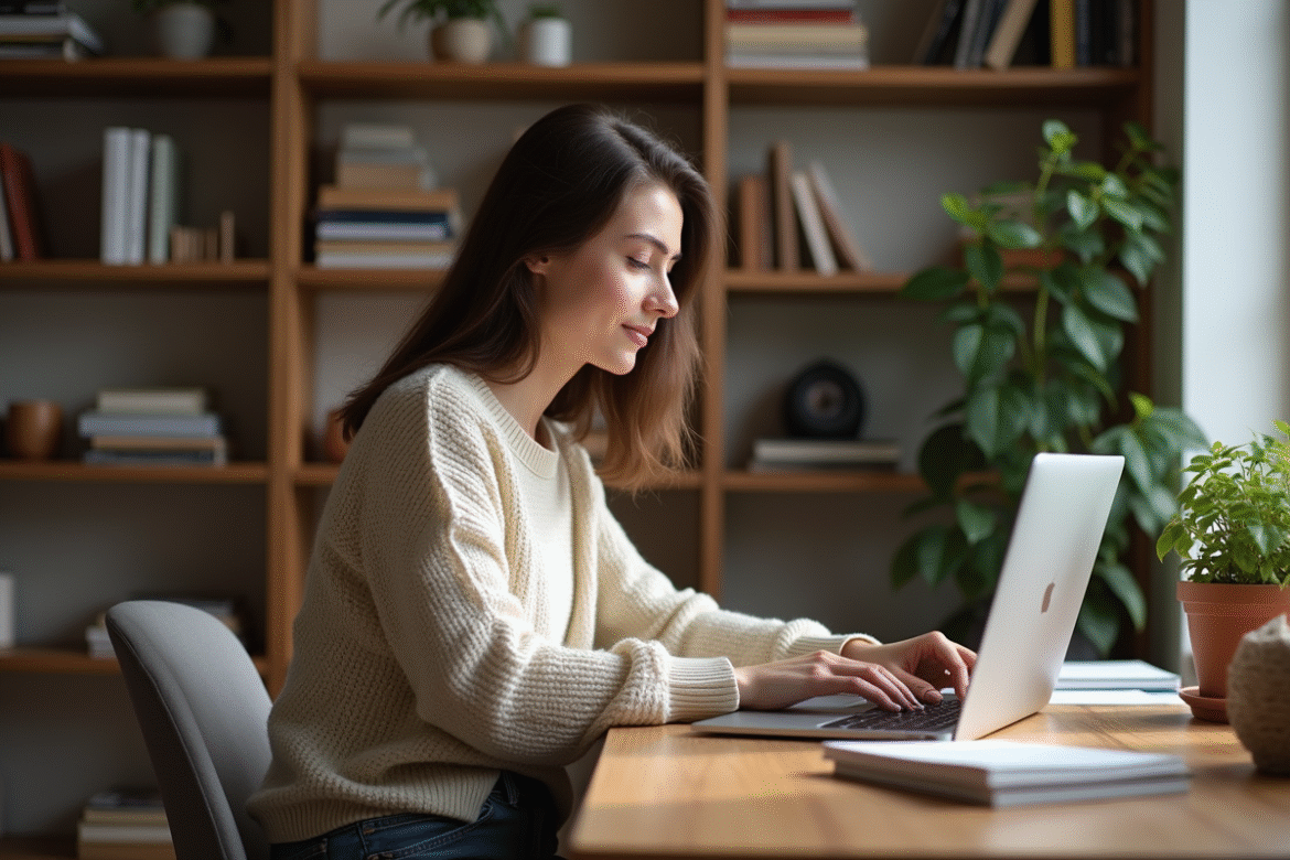 Jeune femme concentrée travaillant sur son ordinateur dans un bureau cosy