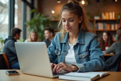 Jeune femme en denim au cafe universitaire concentrée sur son ordinateur
