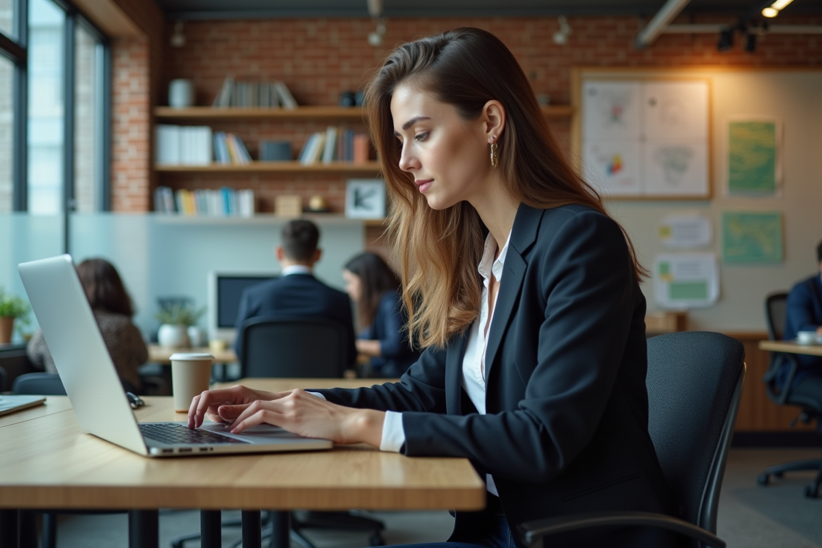 Jeune femme en coworking codant sur son ordinateur portable