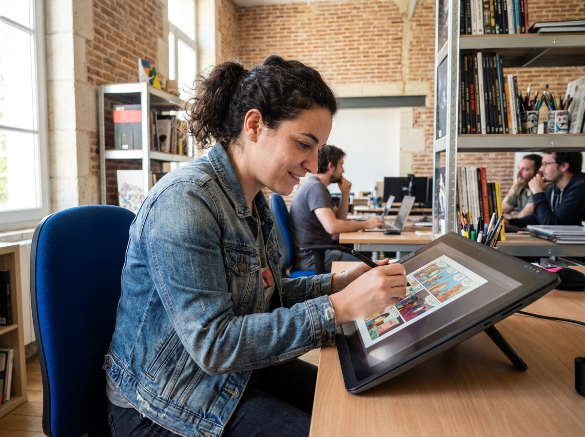 Jeune femme concentrée dessinant une bande dessinée dans un espace de coworking