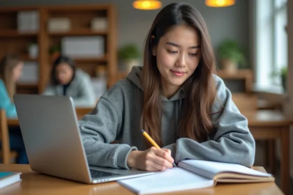 Jeune femme étudiante concentrée sur son ordinateur portable