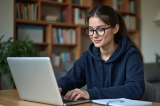 Jeune femme concentrée lors d'un examen en ligne à son bureau