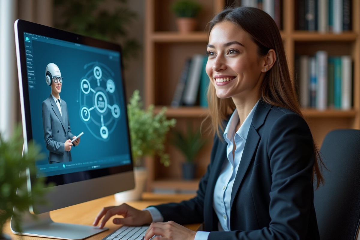 Femme souriante interagissant avec un tuteur AI sur son ordinateur
