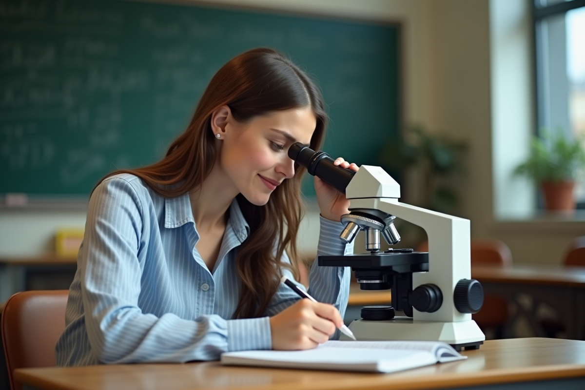 Jeune femme utilisant un microscope dans une salle de classe