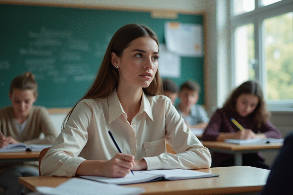 Jeune femme concentrée prenant des notes en classe