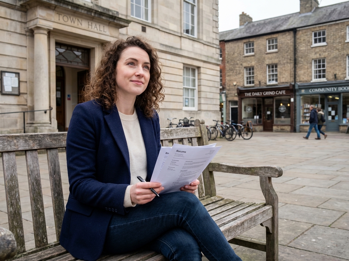 Jeune femme en blazer consulte son CV sur un banc public