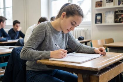 Jeune fille concentrée en classe avec cahier et livres de littérature