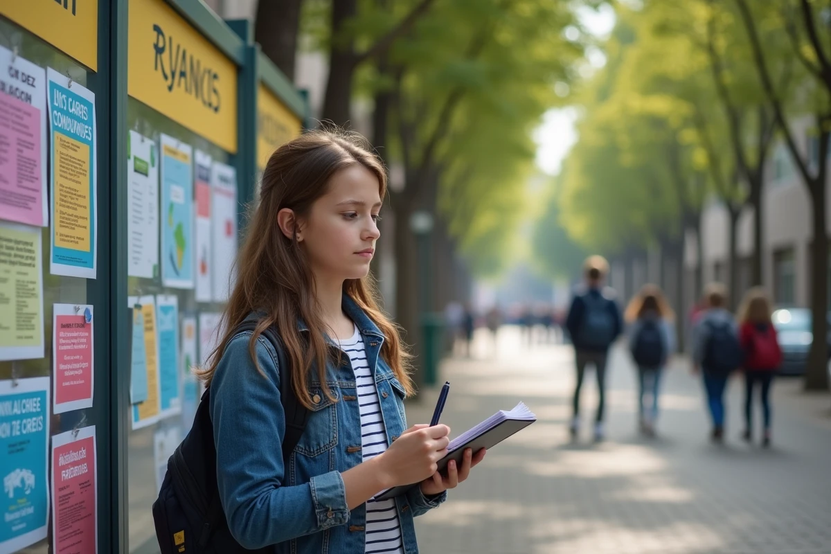 Jeune fille lisant des affiches de carrière en extérieur