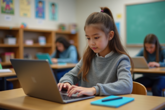 Jeune fille en classe avec ordinateur portable interactif