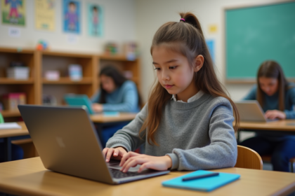 Jeune fille en classe avec ordinateur portable interactif