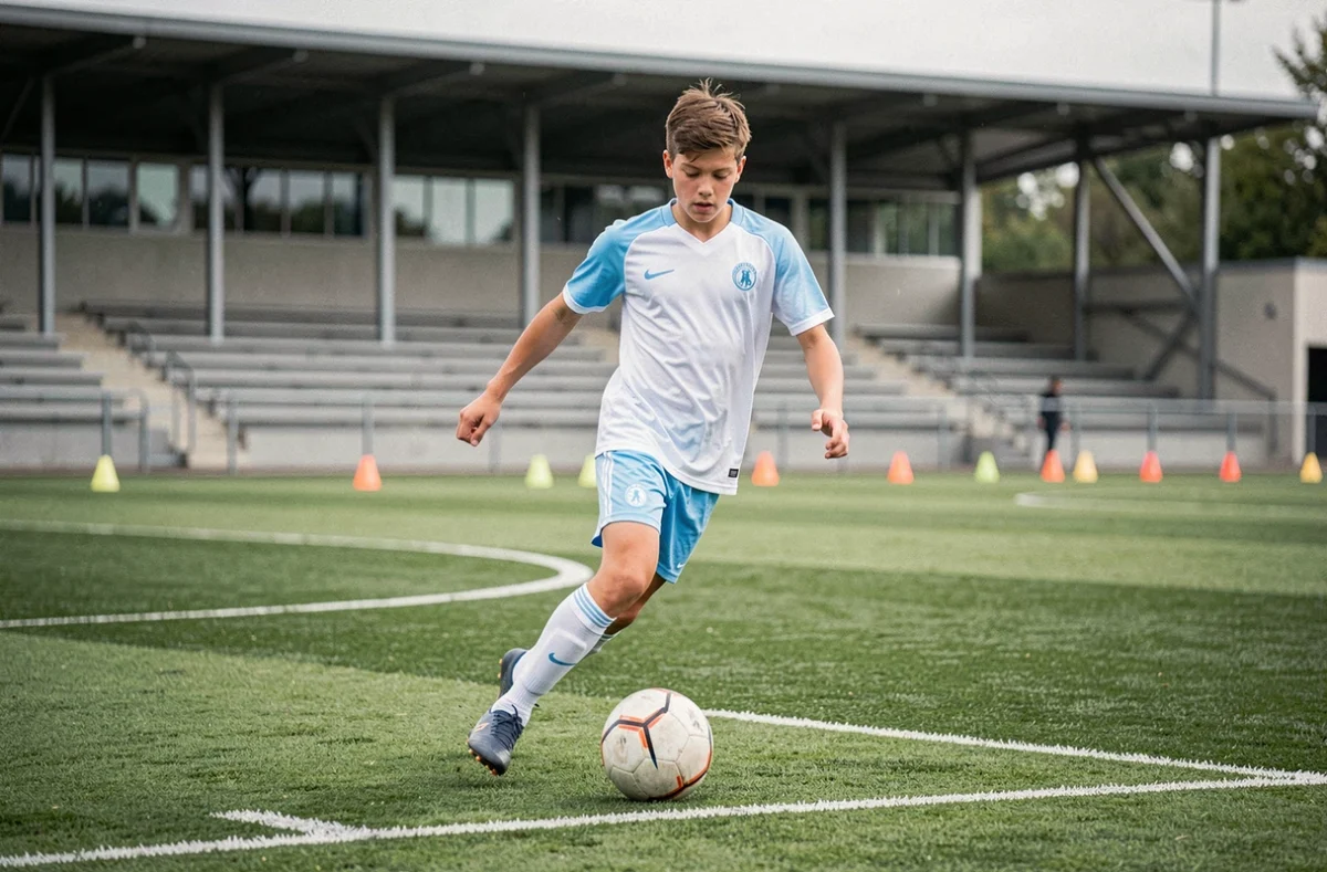 Jeune footballeur en essai au centre de formation de l'OM sur un terrain d'entraînement