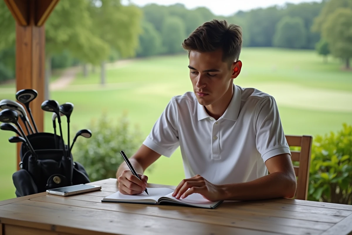 Jeune golfeur notant ses progrès au clubhouse