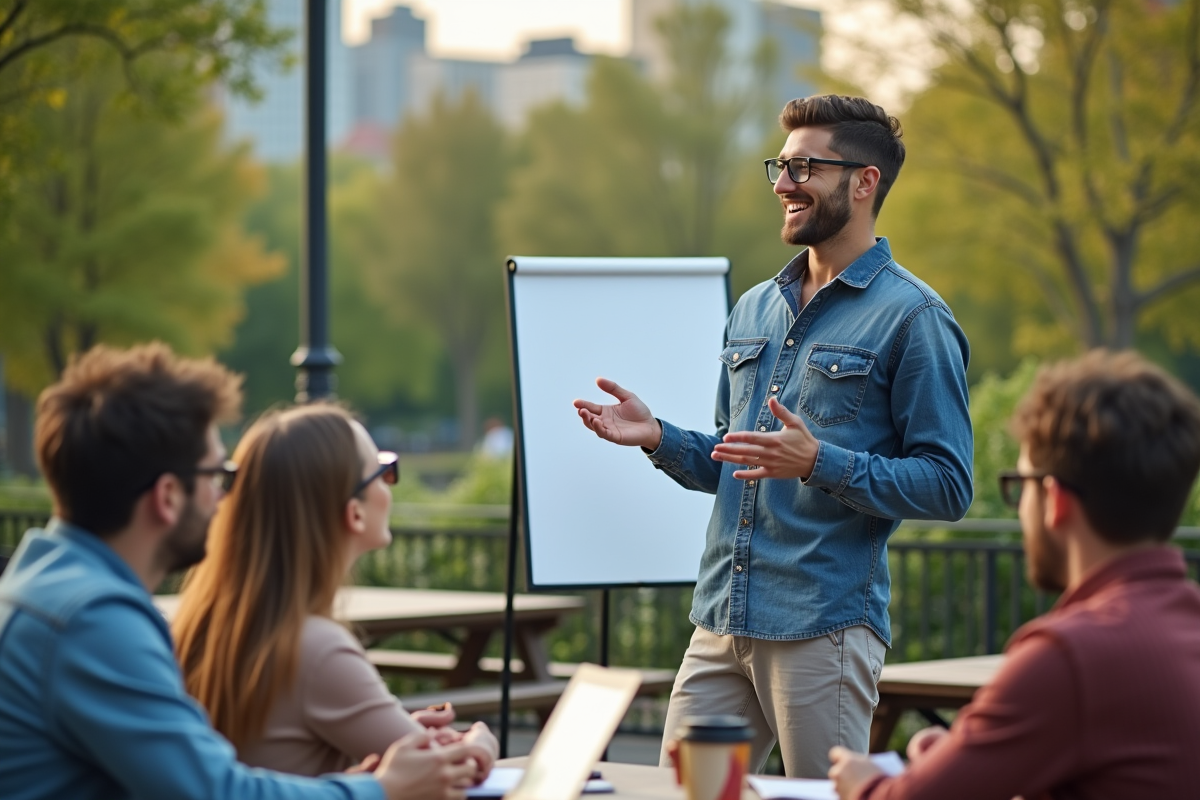 Jeune homme en extérieur anime un atelier dans un parc urbain
