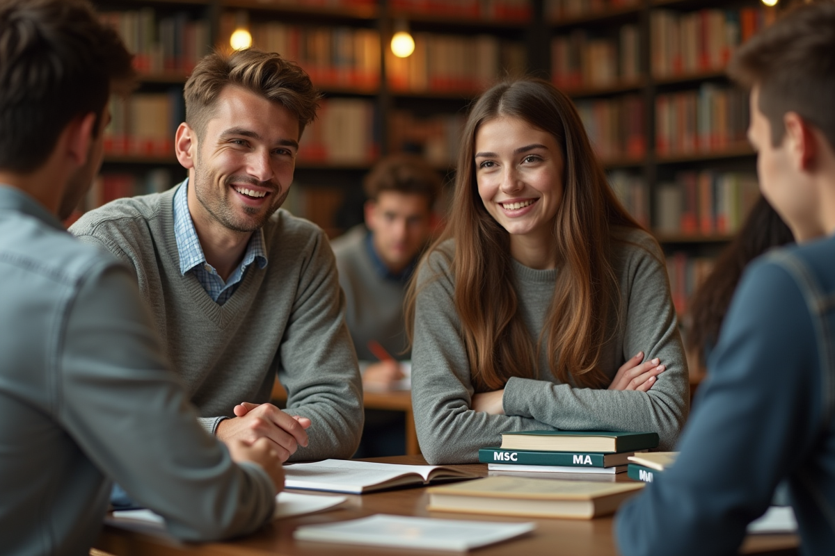 Jeune homme en bibliothèque universitaire discutant avec un pair