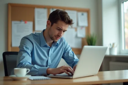 Jeune homme concentré travaillant sur son ordinateur dans un bureau universitaire