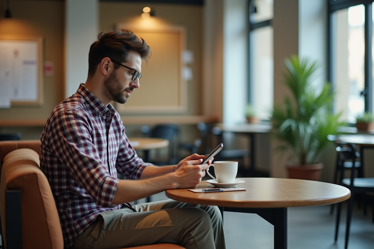 Jeune homme au téléphone dans une salle de pause