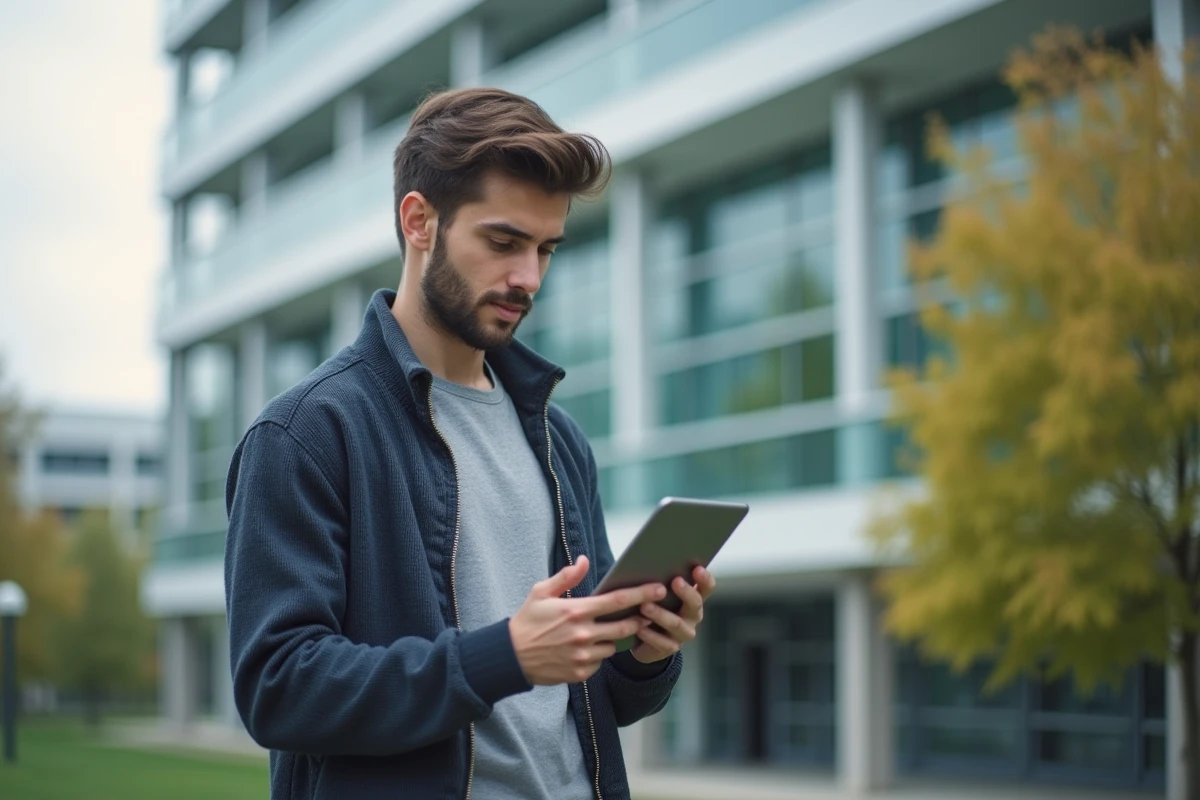 Jeune homme étudiant avec tablette dans un campus universitaire