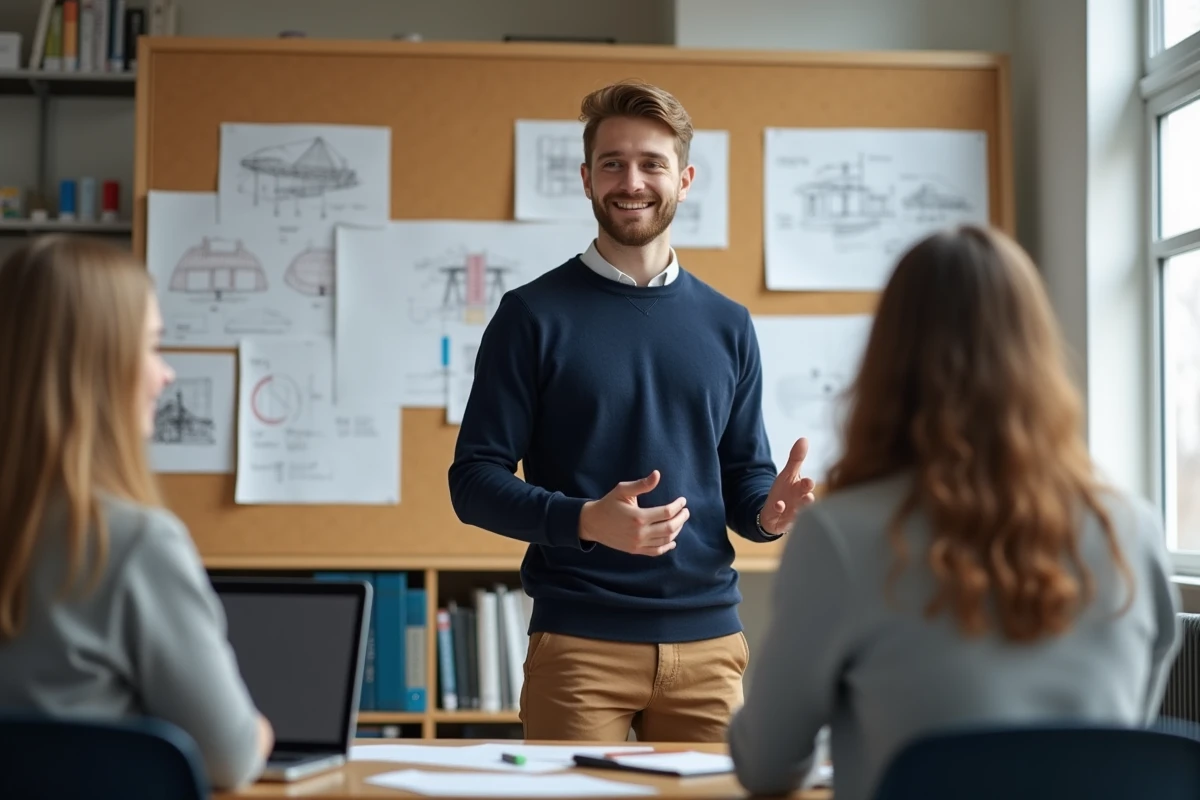 Jeune homme discutant dans une salle de classe universitaire