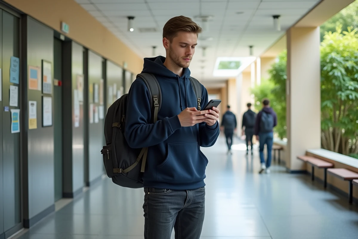 Jeune homme dans un couloir universitaire utilisant son smartphone