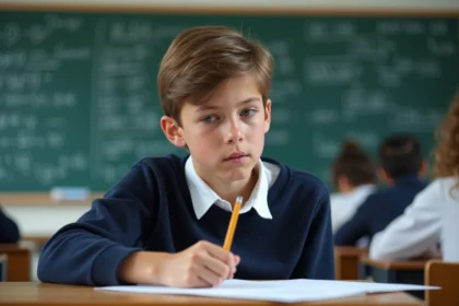 Jeune garçon concentré en mathématiques dans une classe moderne
