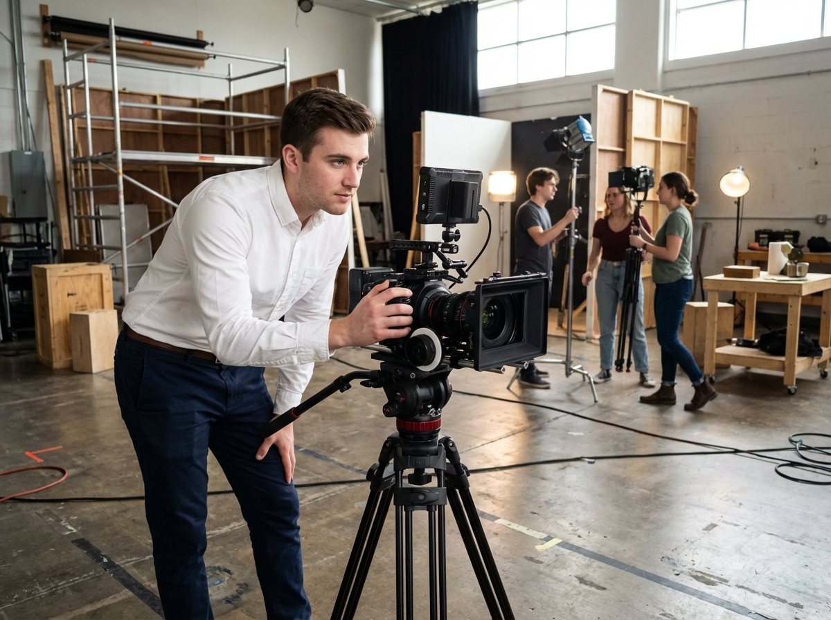 Jeune homme ajustant une caméra dans un studio de cinéma