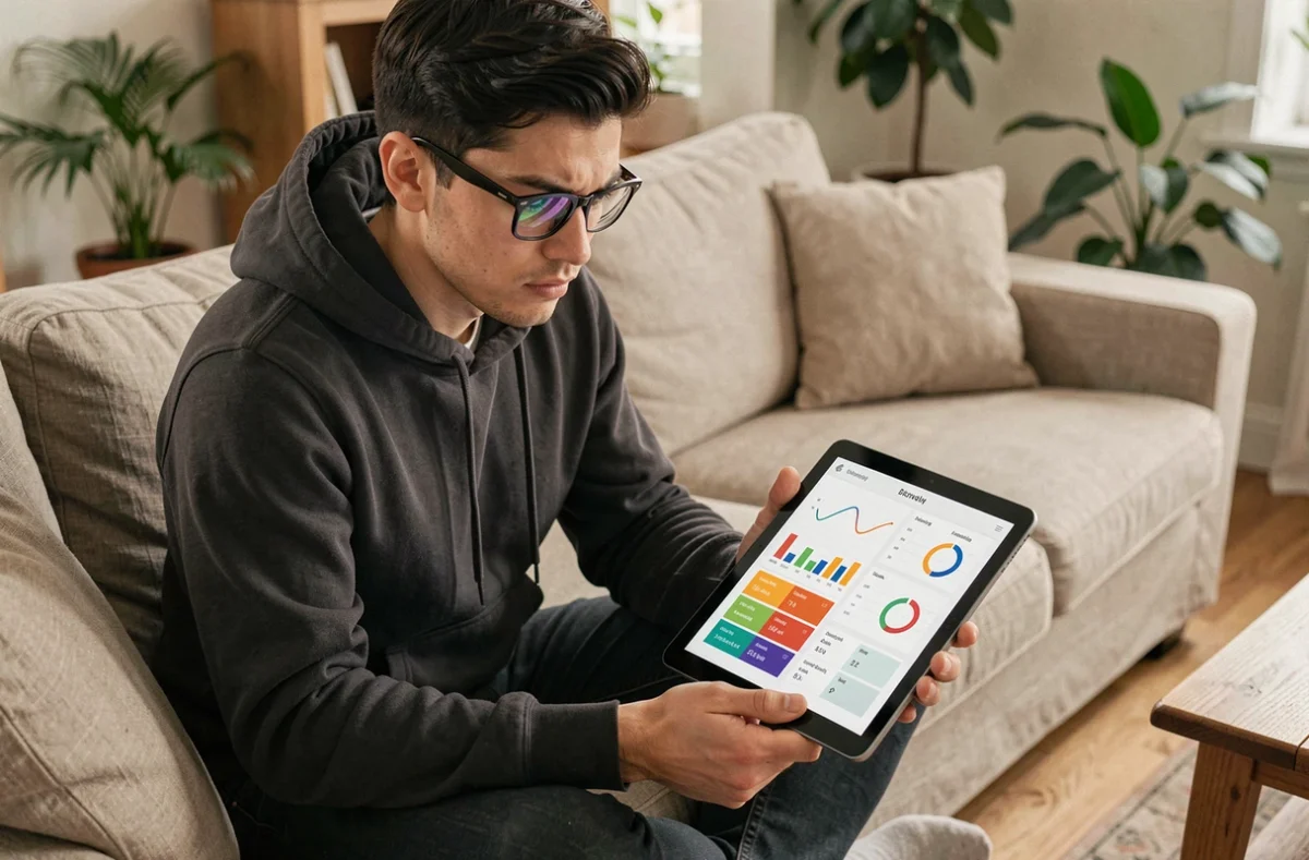 Jeune homme avec lunettes consultant ses résultats de test de QI sur une tablette dans son salon