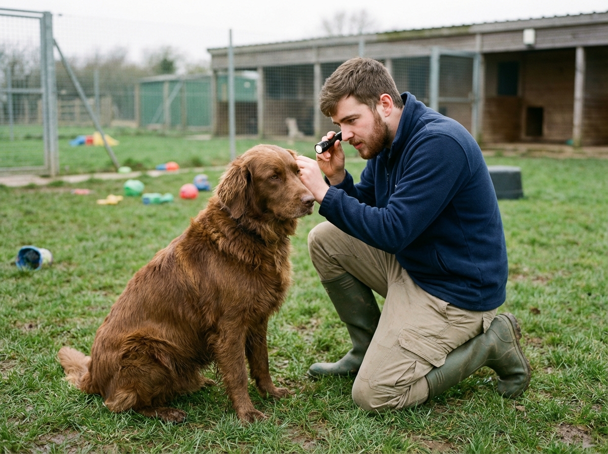 Jeune homme vérifiant la santé d’un chien en extérieur