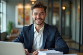 Jeune homme en costume navy souriant au bureau