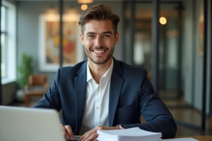 Jeune homme en costume navy souriant au bureau