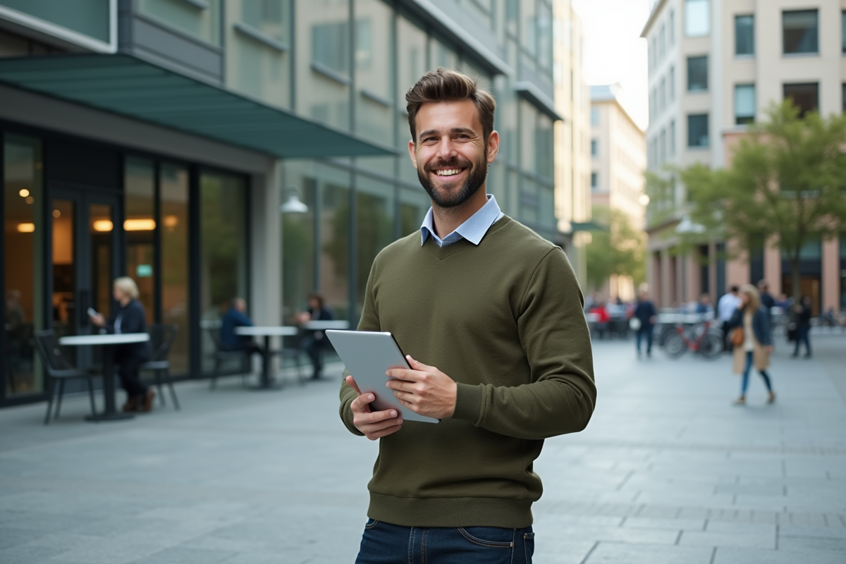 Jeune homme avec tablette dans un environnement urbain
