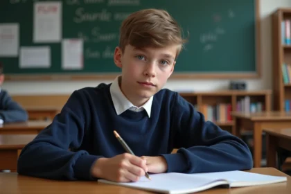Jeune lyceen français en uniforme écrit dans un cahier